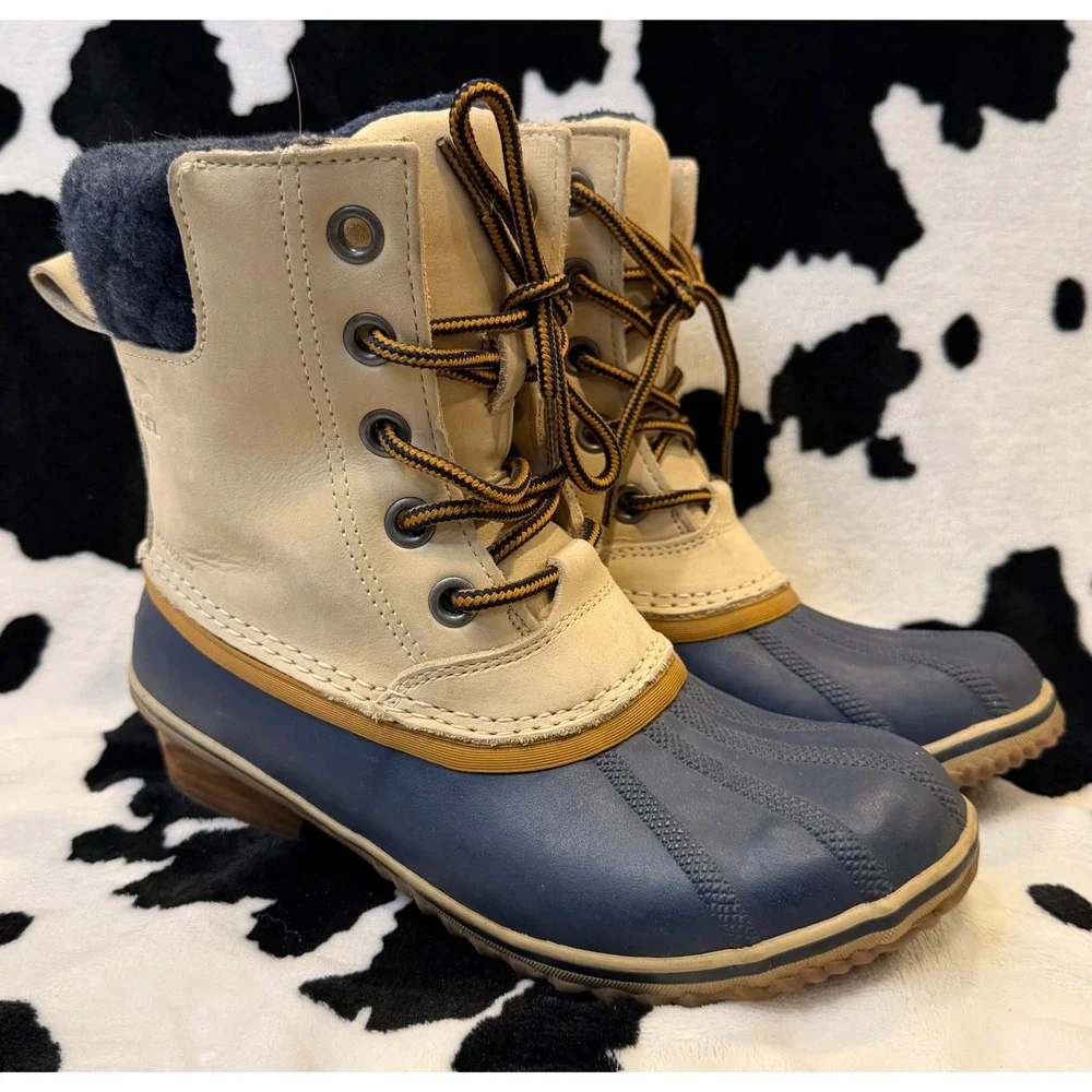 Sorel Slimpack‎ II Lace Waterproof Duck Boots Navy Tan Women's 8